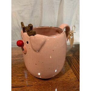 Mud Pie Pink Pig Farm Animal Christmas Mug With Gold Antlers & Red Nose
